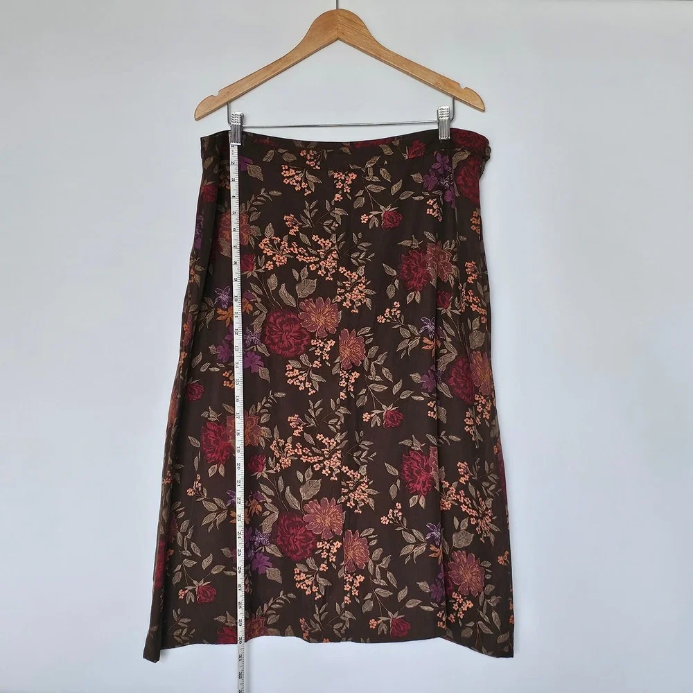 Vtg Eddie Bauer Silk Midi Skirt 16P Brown Dark Floral Earthy Fall Cottage Boho